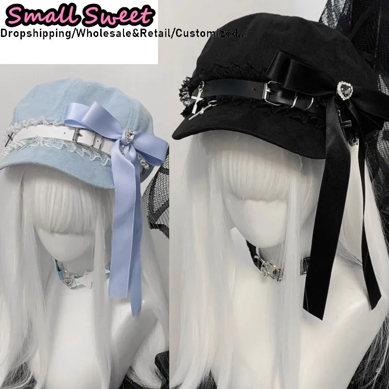 Y2K chica mujeres Bowknot calcomanías Harajuku gótico Lolita boina sombrero gorra Y2K chica Punk volante encaje hecho a mano decorativo verano sombreros para el sol