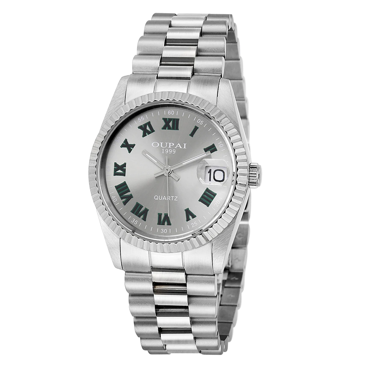 Мужские часы Oupai, круглый циферблат, ремешок из нержавеющей стали, кварцевые светящиеся наручные часы с календарем, водонепроницаемые