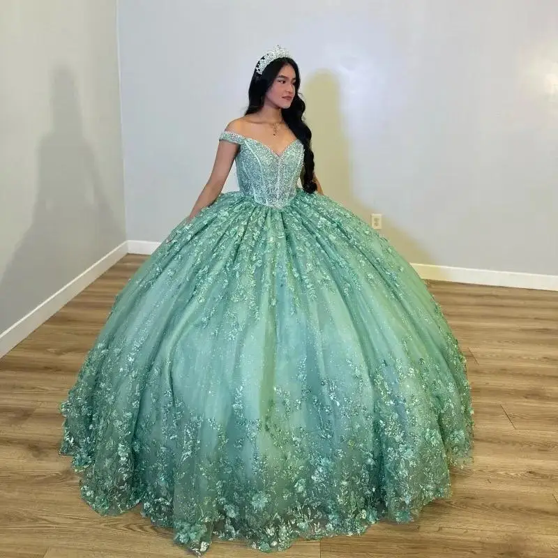 

Блестящие мятно-зеленые платья Quinceanera с открытыми плечами, кружевные платья с аппликацией для празднования дня рождения в возрасте 15 лет