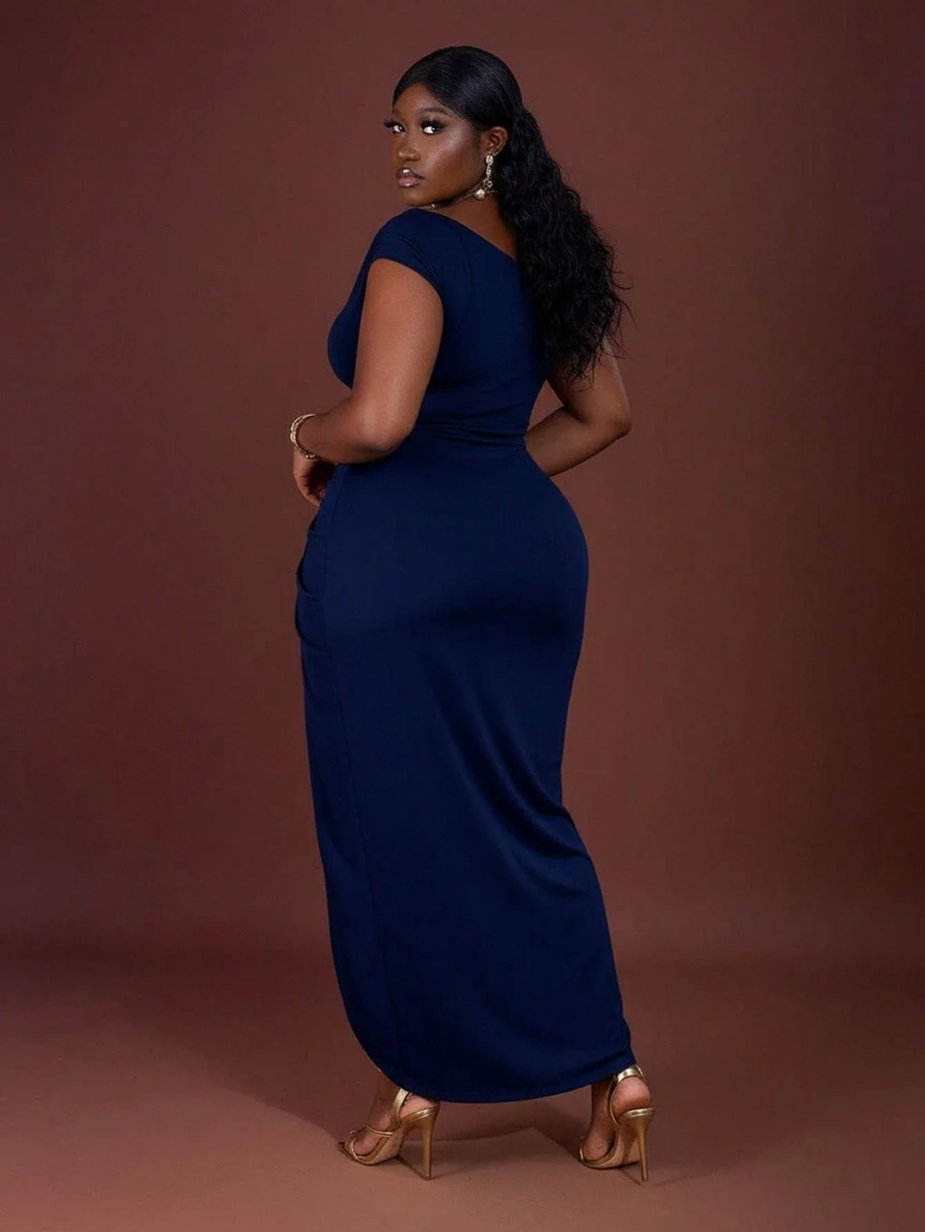 

Plus Size Women Elegant Asymmetrical Neck Ruched Draped Midi Dress With Slit For Party Birthday