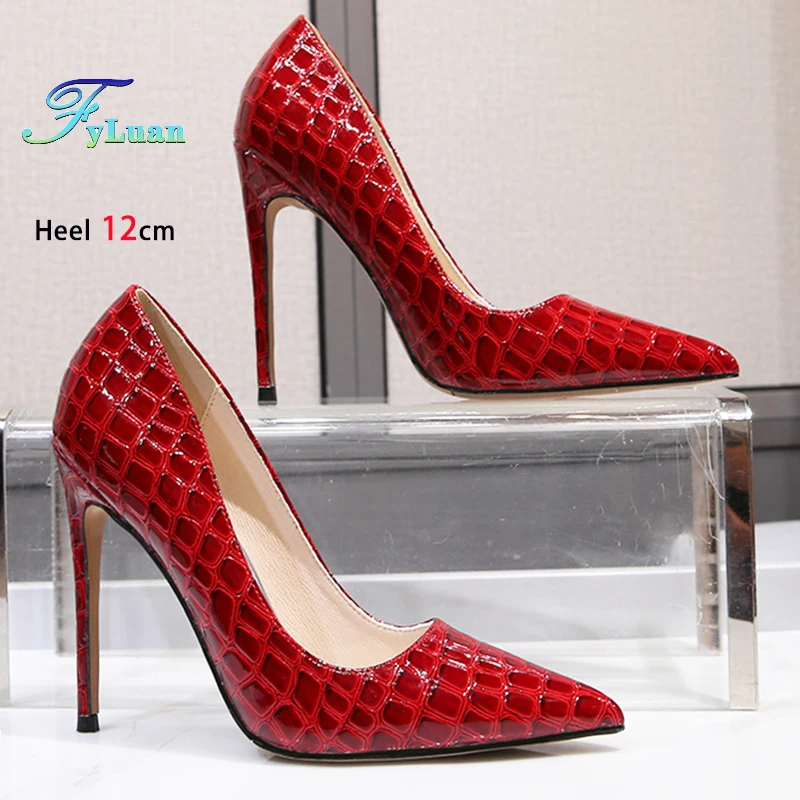 

Women Banquet Dress Shoes 12CM Thin Heel Shallow Party Wedding Fashion Embossed Red Pumps 2025 New Snakeskin Pointed High Heels