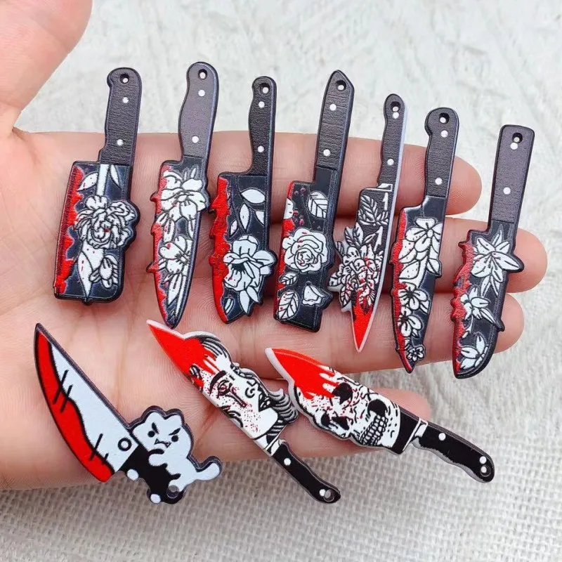 10pcs Double-Sided Gothic Black Flower Dagger Acrylic Charms Hallowmas Knife Earring Keychain Pendant Diy Cool Jewelry Make