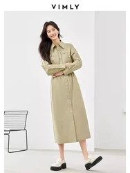 Vimly Cargo Shirt Dresses Women 2024 Spring 100% Cotton Drawstring Long Sleeve Button Up Front Midi Dress Woman Clothing M5109