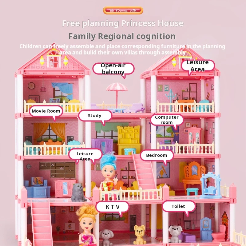 3D DIY Dream Princess Castle Villa Assembly Doll House Set Toy Girl Family Toy Children\'s Music Doll House Assembly Villa House
