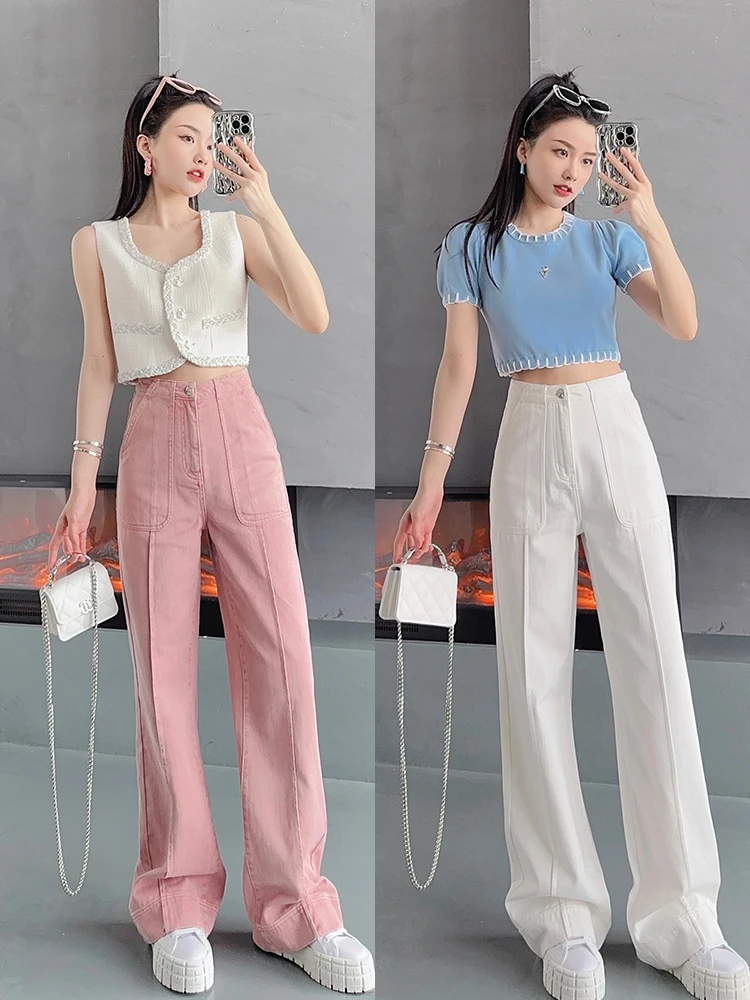 

High Waist Wide Leg Jeans SVLI Vintage save Legs Shape Big Pocket Dirty Pink White High Waist Wide Leg Denim Pants for Women
