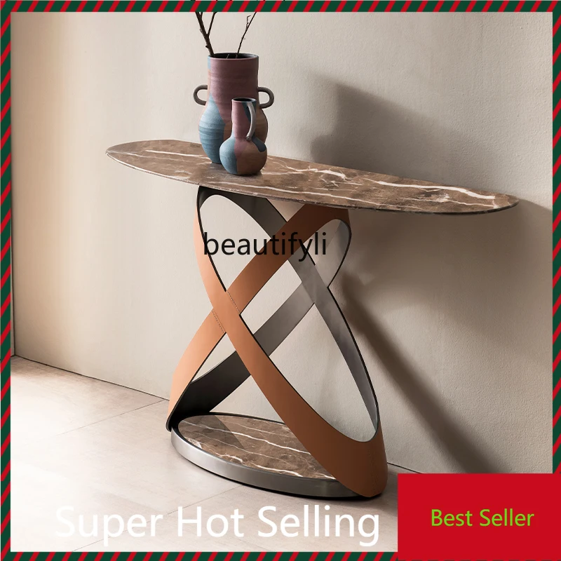 

Italian light luxury entrance table corridor entry luxury stone end view table designer minimalist semicircular entrance table