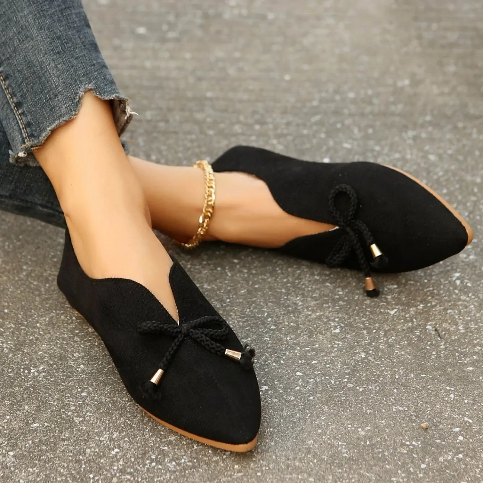 Women Shoes Shallow Pointed Toe Solid Bow Single Shoe Flat Bottomed Casual Slip On Comfort All Match Lazy Shoes 2024 New