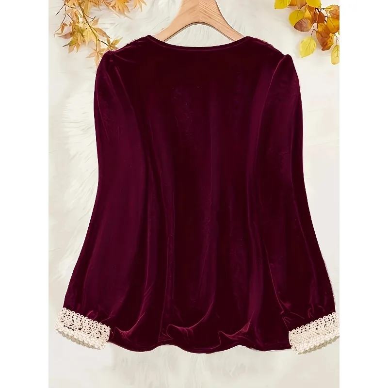 Plus Size New Women Fashionable Contrast Lace Round Neck Blouse Shirt Ladies Casual Solid Color Long Sleeved Shirt
