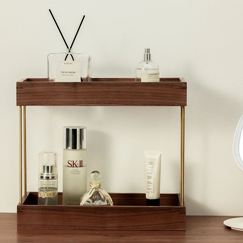 صندوق تخزين مستحضرات التجميل لسطح المكتب من الخشب الفاخر رف عطري مزدوج من الخشب الصلب
