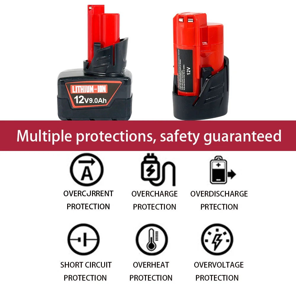Baterie 9,0 Ah 12V pro Milwaukee M12 XC 48-11-2402 48-11-2411 48-11-2401 MIL-12A-LI, Náhrada za akumulátorové elektrické nářadí M12 - náhled 5