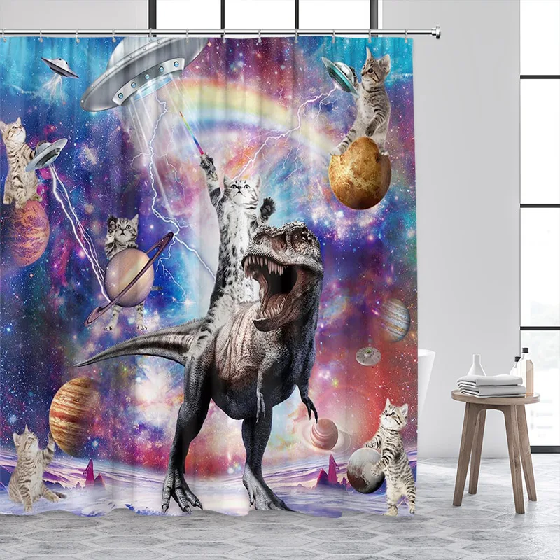 Funny Cat Riding Dinosaur Shower Curtain Cute Animal Surfboard Sea Waves Japanese Landscape Kids Bath Curtains Bathroom Decor view 2