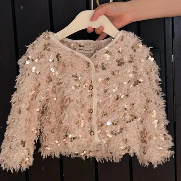 

2025 Spring and Autumn New Style Children Fashion Coat Baby Girl Coat Plush Sequin Long Sleeve Outwear Top Clothes