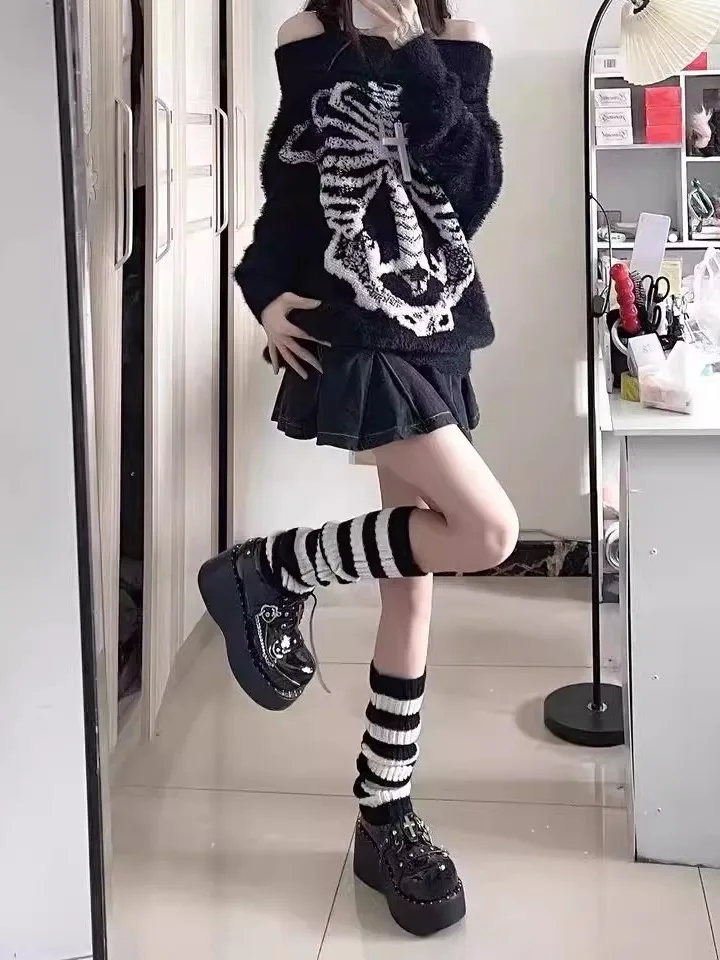 

Street Sle oulder Bared Long Sve Knitted Sweater Women's mid Length One oulder Mink Sweater Y2K Millennium Trend