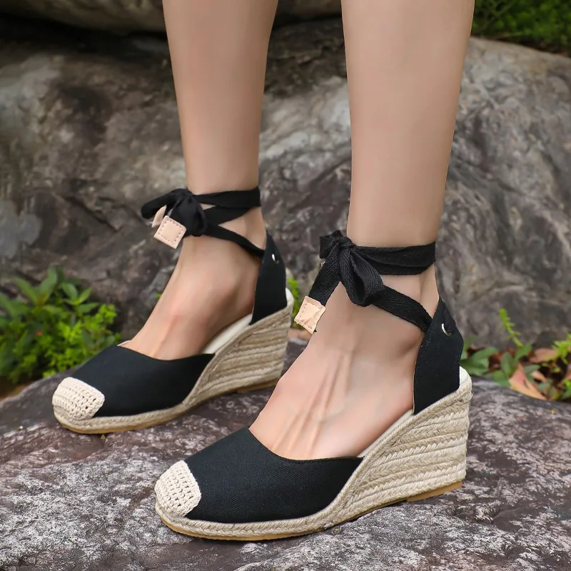 2024 New Hot Selling Fashion Versatile Baotou Women's Shoes Wedge Solid Color Round Toe Casual Women's Sandals Zapatos Mujer