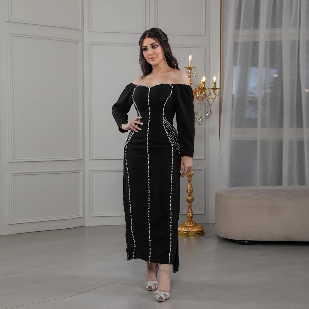 

ROSELLA Black Boat Neck Formal Occasion Dresses Long Sleeves Tassel Ankle Length Rhinestone Straight Female Prom Gown New 2023