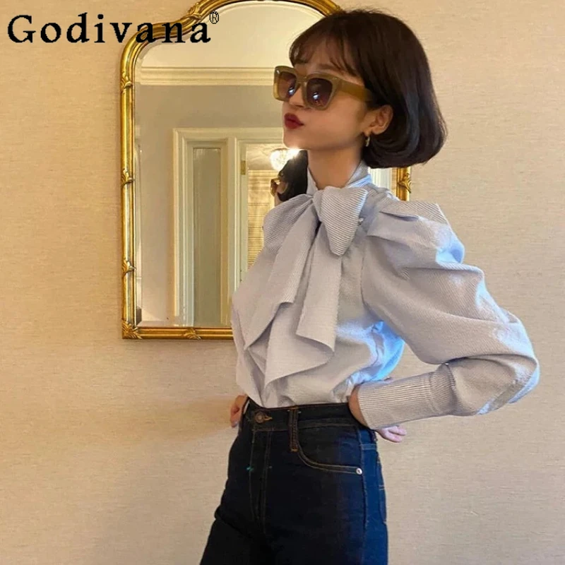 

Модная милая синяя рубашка в японском стиле, весенне-осенняя женская повседневная базовая повседневная блузка с длинными рукавами для девочек, рубашка на шнуровке с бантом