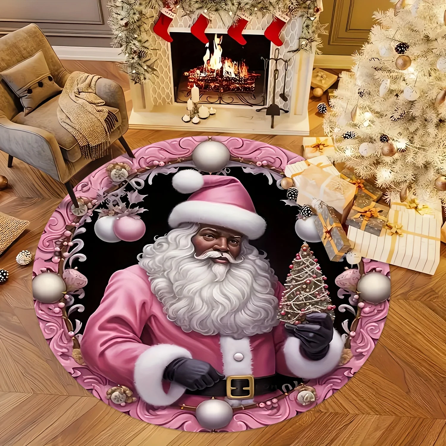VIKAMA Pink Black Santa Claus Round Rug Embossed Scroll Border Baubles Plush Non Slip Soft Washable Area Rug for Living Room