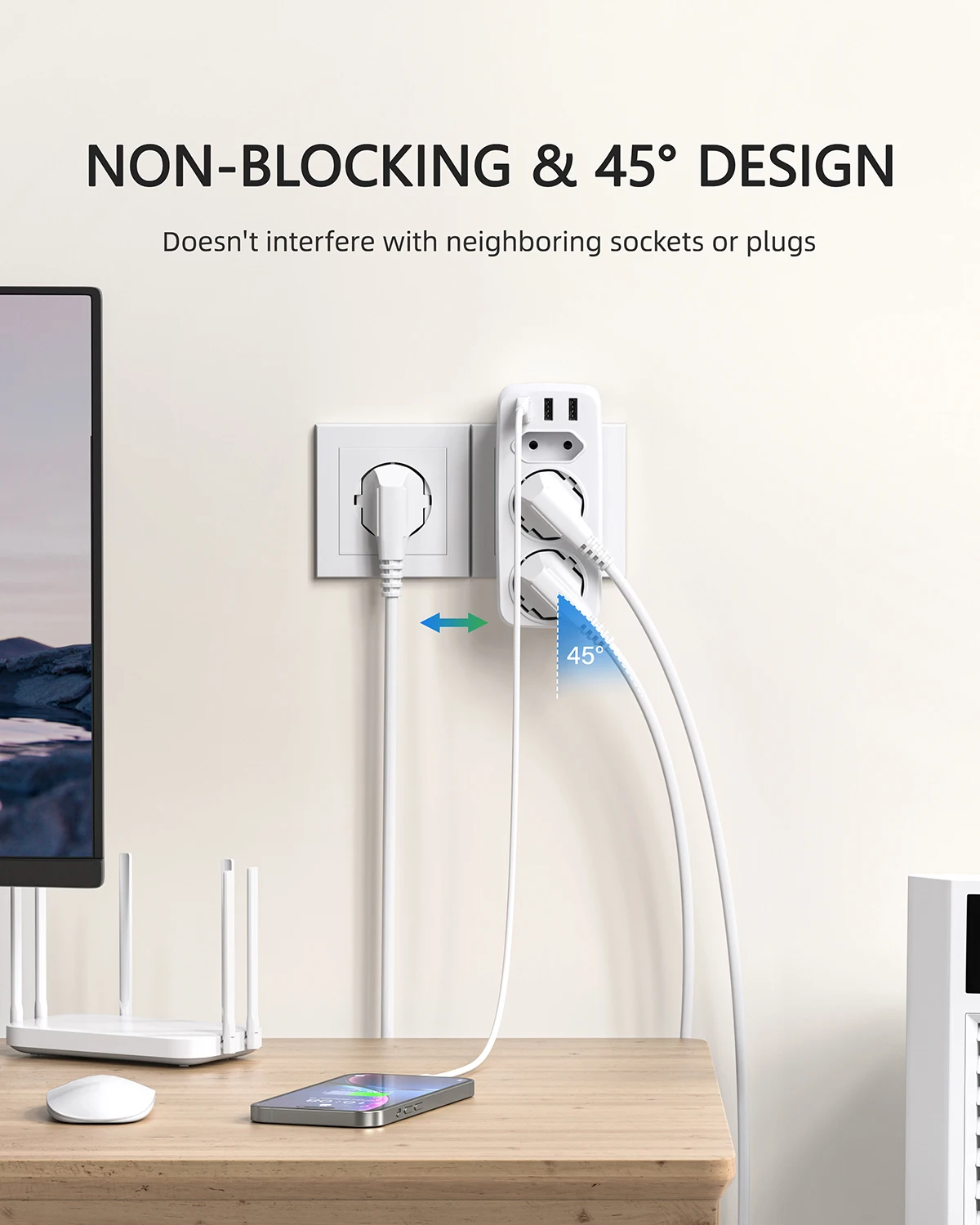 LENCENT EU Plug Multi Wall Socket Extender Power Strip with AC Outlets  USB Ports  Adapter Overload Protection for Home/Office