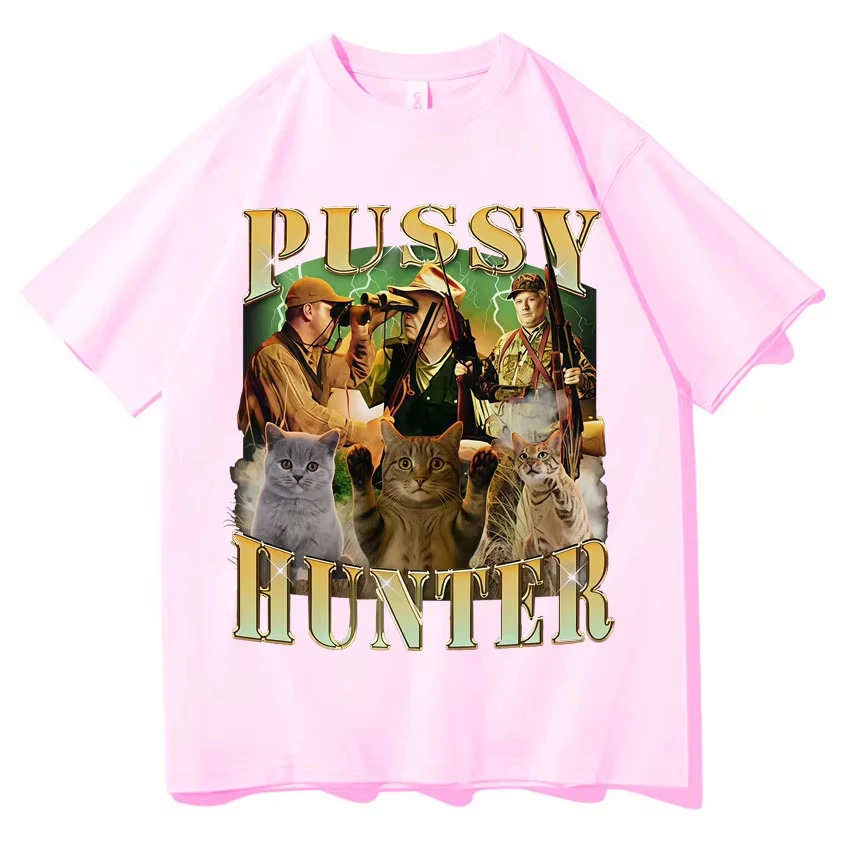Pussy Hunter Lustige Meme-Katzen-T-Shirts für Männer und Frauen, Lässiges Baumwoll-T-Shirt, Modisches Vintage-Kurzarm-Oversize-T-Shirt, Streetwear – Detail 3