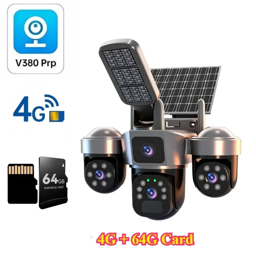 DIFANG V380 Pro WiFi draadloze zonnecamera Drie schermen buiten 4G Sim-kaart Solar CCTV Batterij met drie lenzen Zonne-beveiligingscamera - afbeelding 1