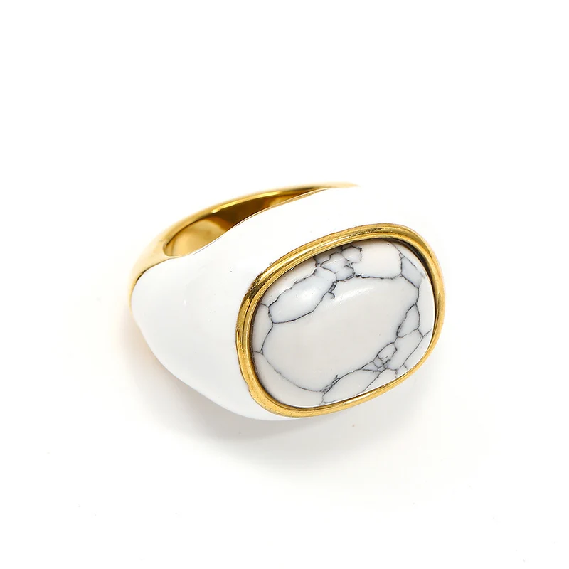 Punk Rock Stainless Steel Colored Enamel Inlaid with Natural Stone Round Finger Rings for Women Charm Jewelry