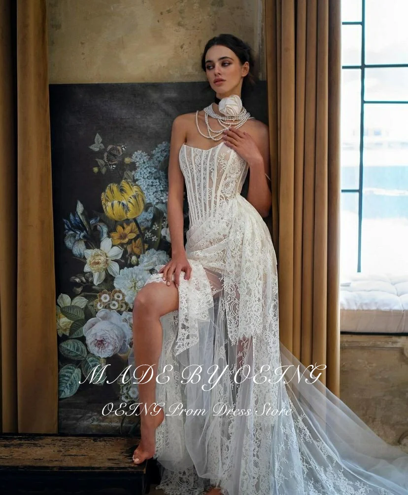 OEING White Lace Prom Dresses Sexy Illusion Strapless Boned Corset Event Gowns With Detachable Train Simple Wedding Party Dress