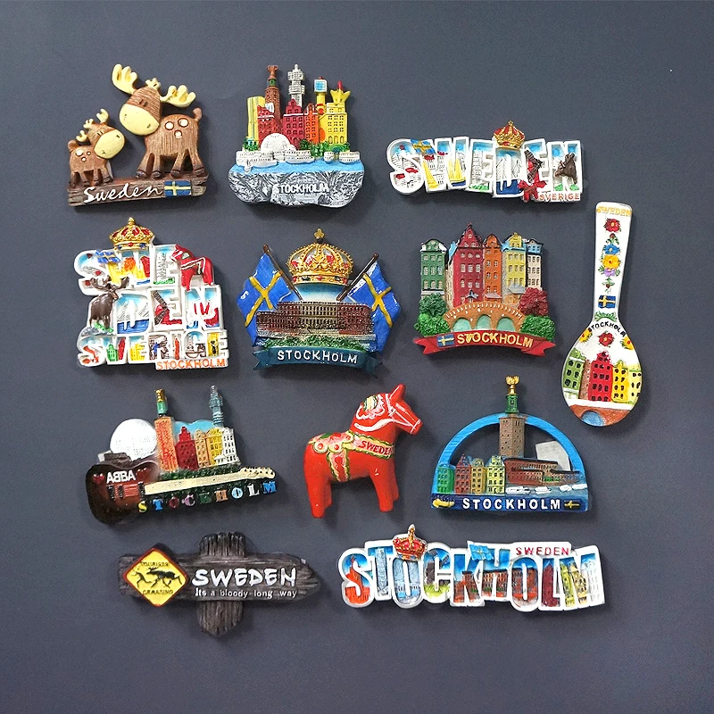 Sweden Stockholm Flag Crown Letters Hand-painted 3D Fridge Magnets Tourism Souvenirs Refrigerator Magnetic Stickers Home Decor