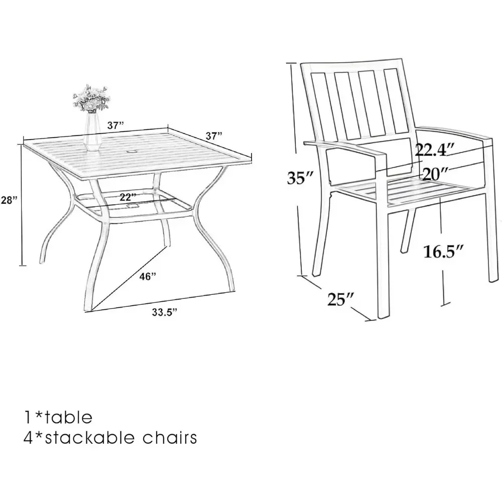 5 Piece Metal Patio Dining Set 37" Square Patio Bistro Table and Garden Backyard Chairs - Umbrella Hole 1.57"