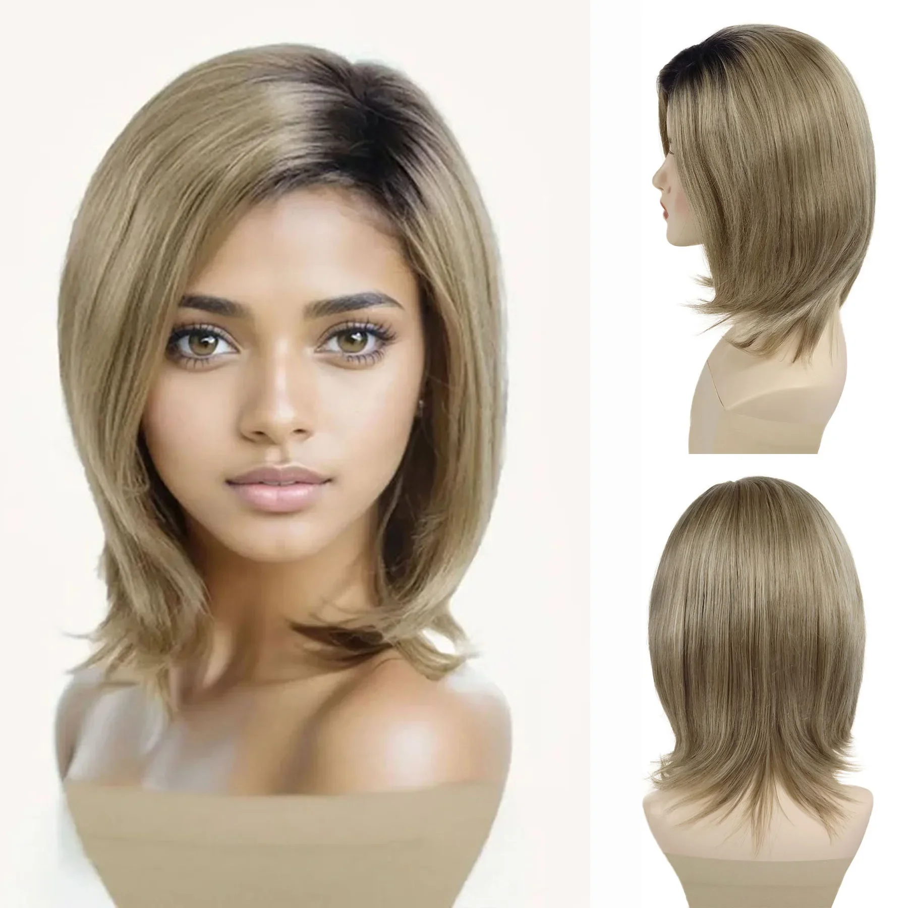 Short Bob Wig with Bangs Synthetic Blonde Wigs for Women Lady Natural Hairstyles Ombre Blond Wig Casual Haircuts Clearance Sale