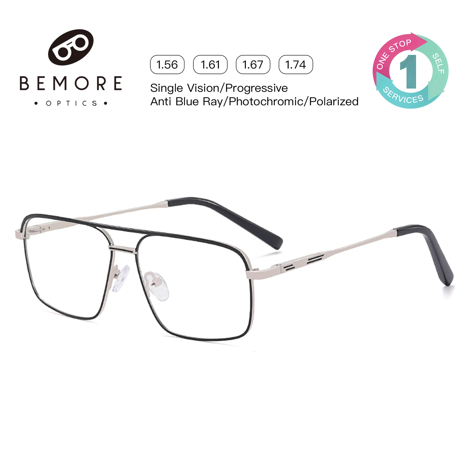 BEMORE Men's Anti Blue Light Reading Glasses Myopia Prescription Glasses Metal Pilot Simple Optical Eyewear Glasses Frame