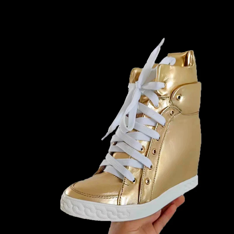 Leopard horsehair Inner Wedge Ankle Boots Rim Rubber Sole Height Increasing Femme Hidden Wedge High top Real Leather Sneakers