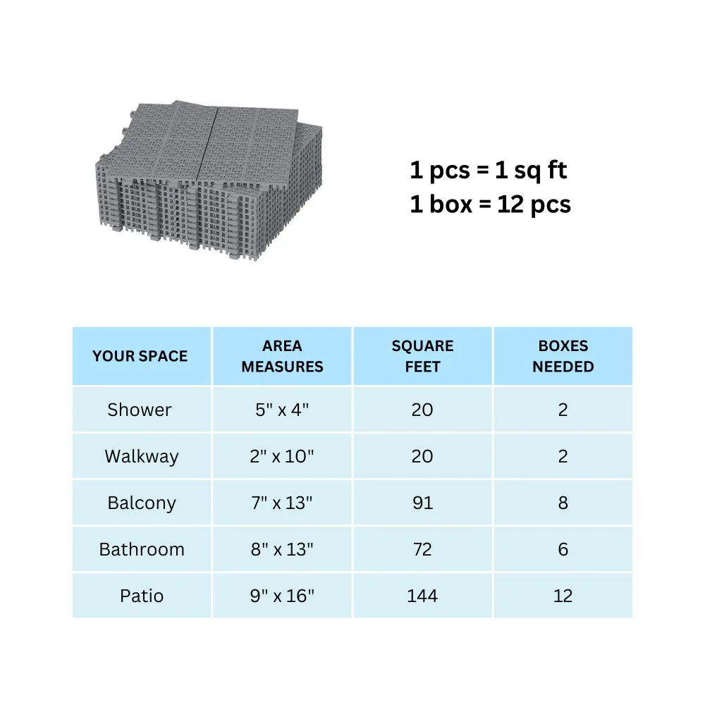 Grey interlocking deck tile plastic waterproof outdoor non-slip bathroom shower balcony porch solid rose pattern 12-piece Pack