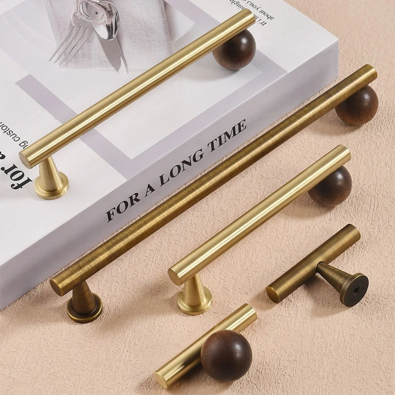 

French Brass Walnut Wood Furniture Handles Gold/Bronze Handles for Wardrobe and Drawer Hardware Fitting Kitchen Cabinet Handles
