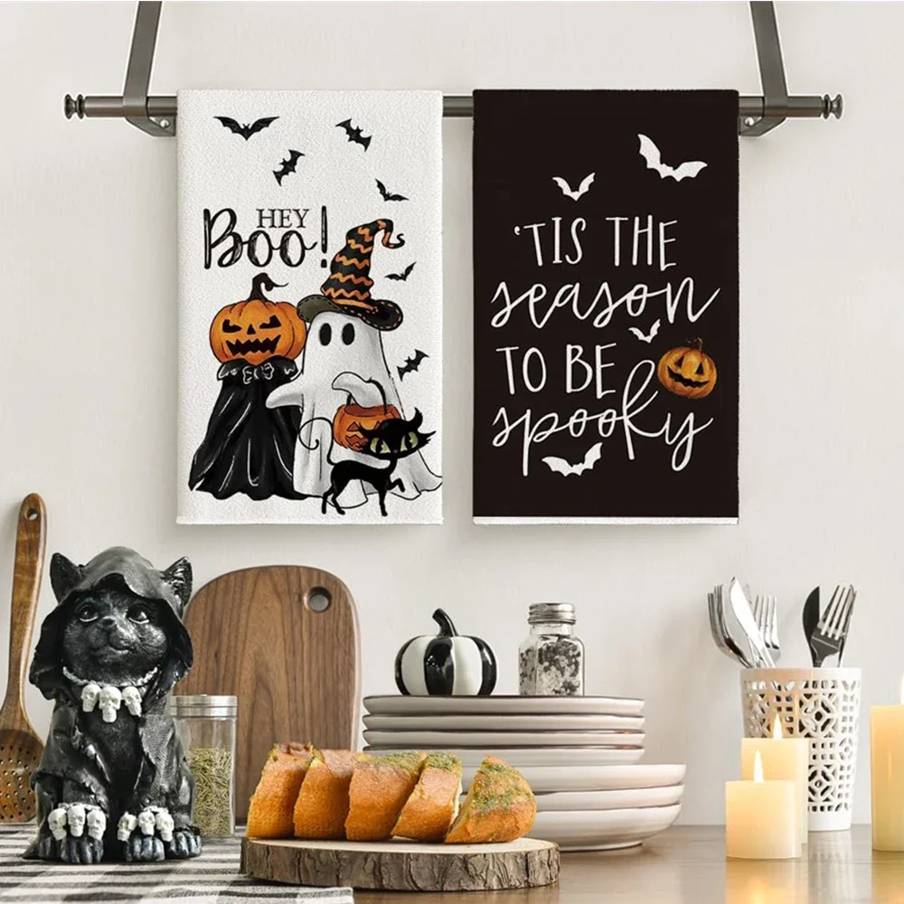 

2Pcs Ghost Pumpkins Bats Cat Kitchen Dish Seasonal Hand Towel For Party Decoration Supplies Decor Favors Gifts