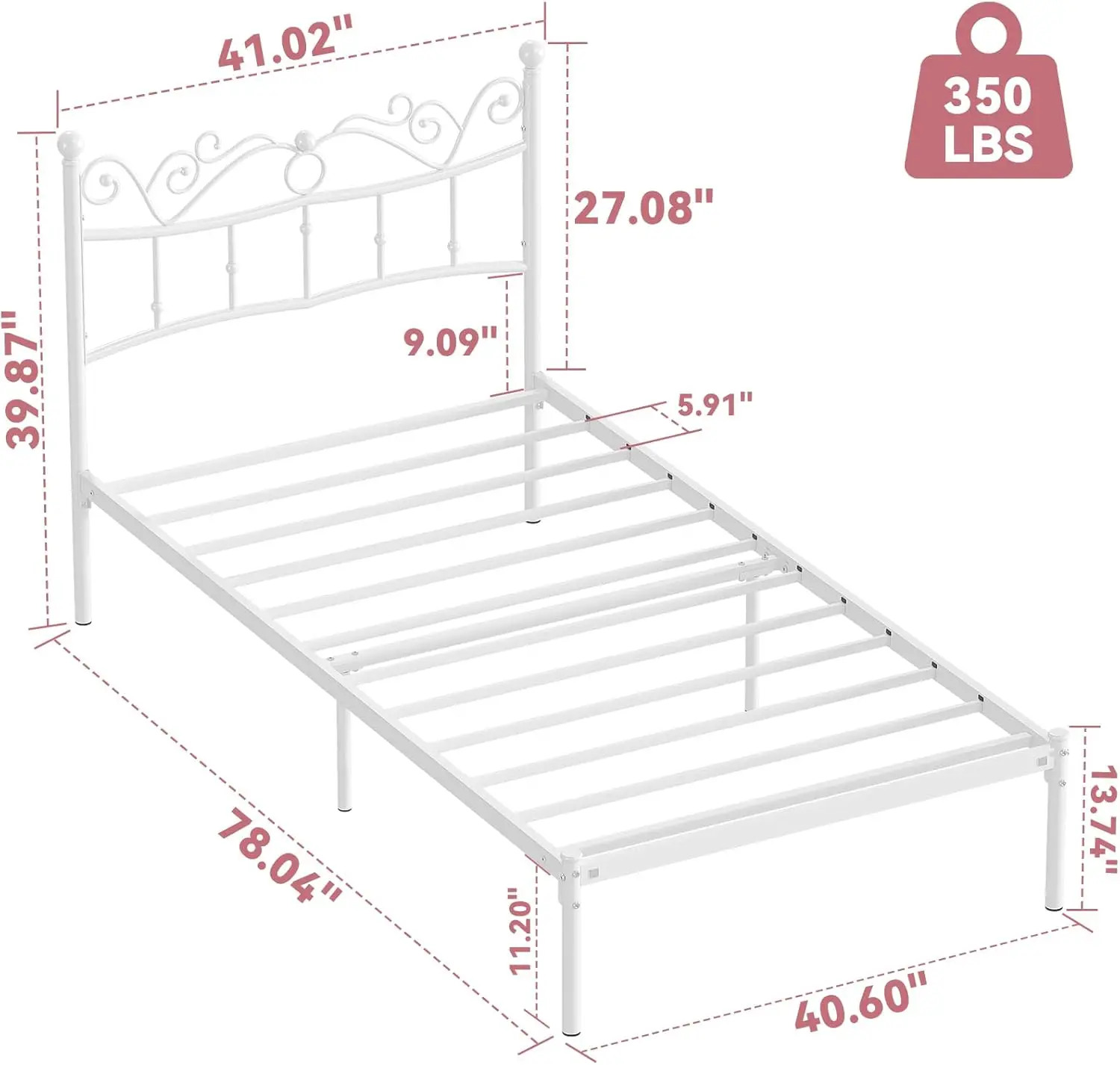 Weehom Twin Bed Frames for Kids, Vintage White Twin Size Platform Bed Frame with Headboard, No Box Spring