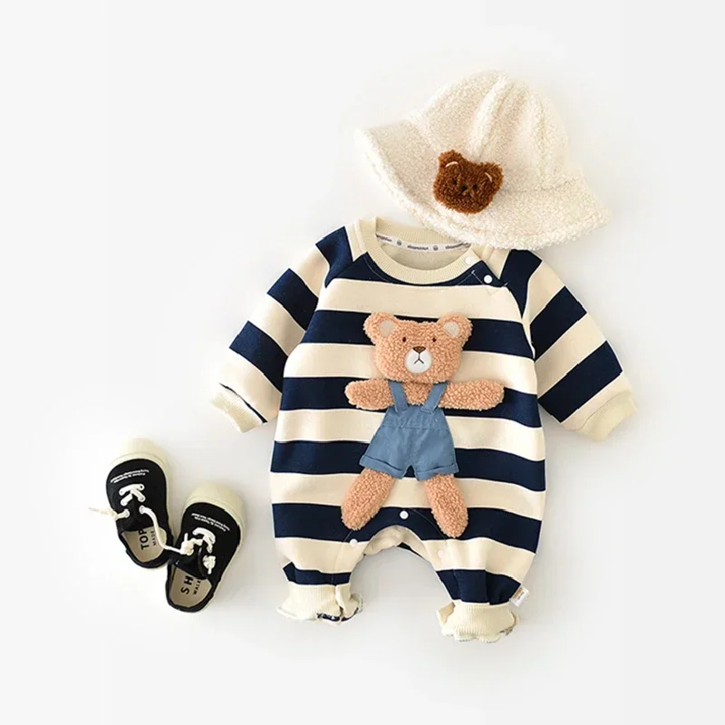 

Toddler Baby Boy Romper Autumn Winter Cartoon Bear Striped Jumpsuit for Newborns Cotton Thicken Cute Kids Clothes Girls Costumes