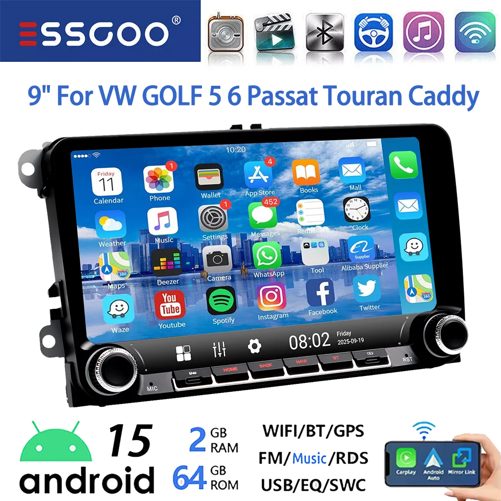 ESSGOO Android 15 9 inch 64GB voor VW GOLF 5 6 Plus Touran Caddy Draadloze Carplay Autostereo Radio GPS NAVI WIFI SWC RDS BT USB Type-C
