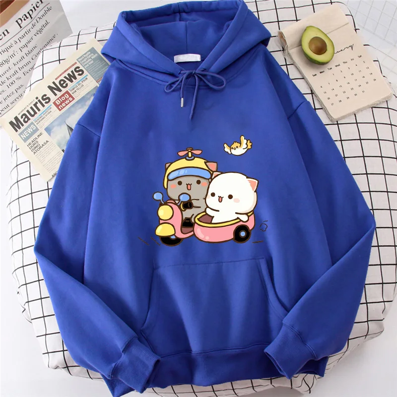 

Kawaii Peach Goma Mochi Cat By Motorcycle Women Hoodie Couples Autumn Winter Cartoon Sweatshirts Cute Girls Necessary Hoodies