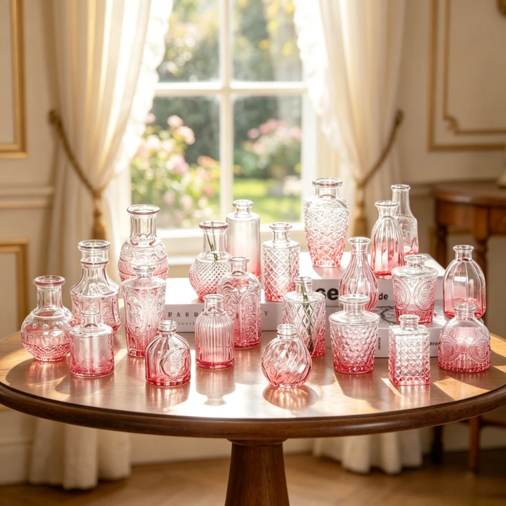 European Style Gradient Glass Bud Vase Assorted Shapes Vintage Embossed Small Flower Hydroponic Vases Home Table Decor