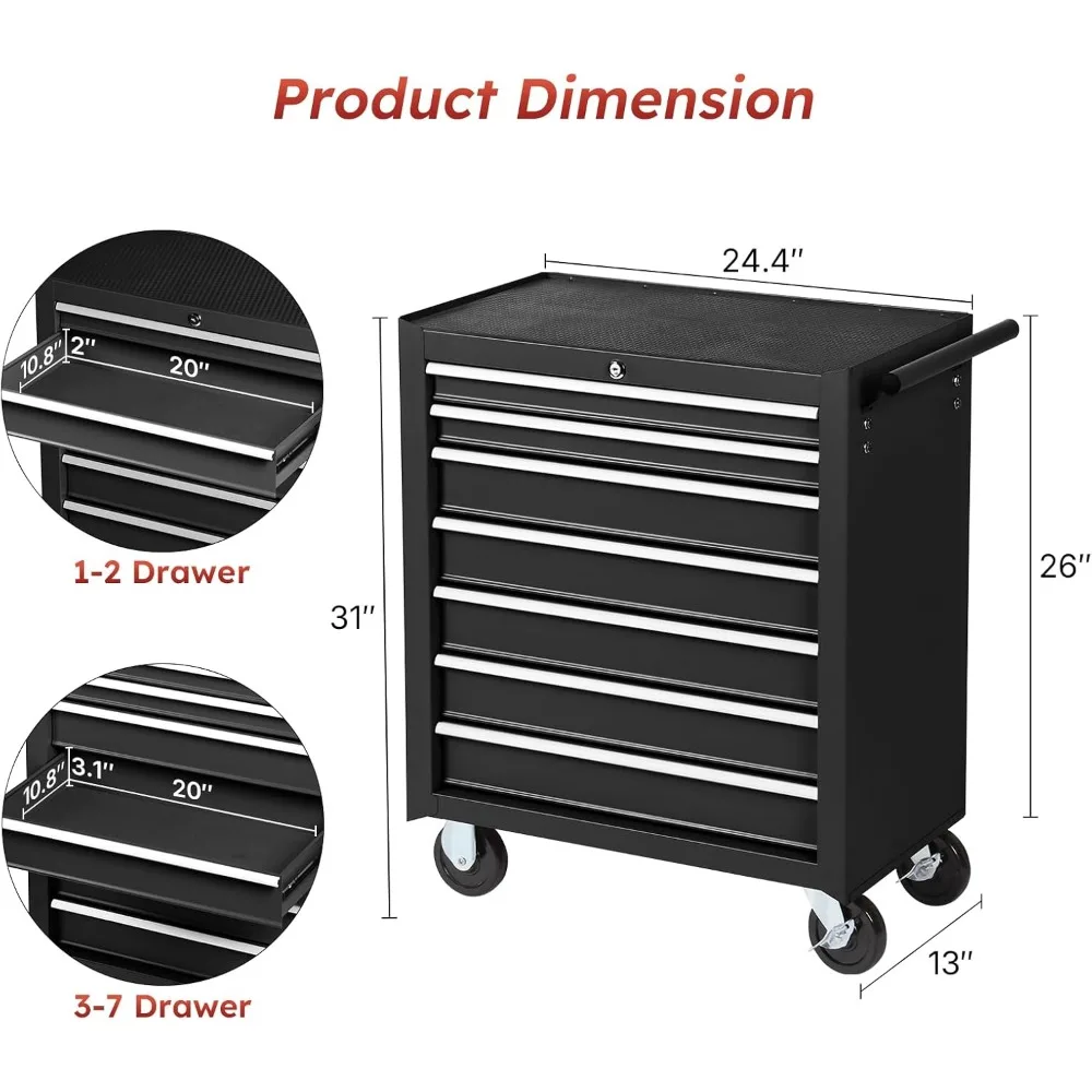 Cassettiera per attrezzi in metallo con 7 cassetti con serratura, scatola portaoggetti portatile su ruote per uso in garage e officina