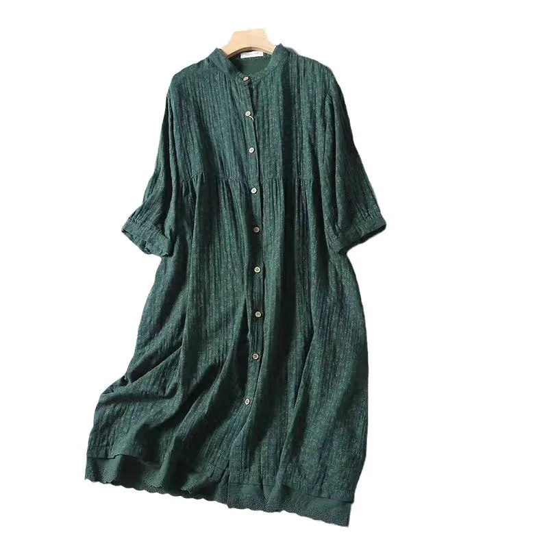 New Summer Cotton Yarn Half Sleeve Dresses Women O Neck Mori Girl Sweet Casual Retro Loose Flower Dress 2024 Autumn  D46256QC