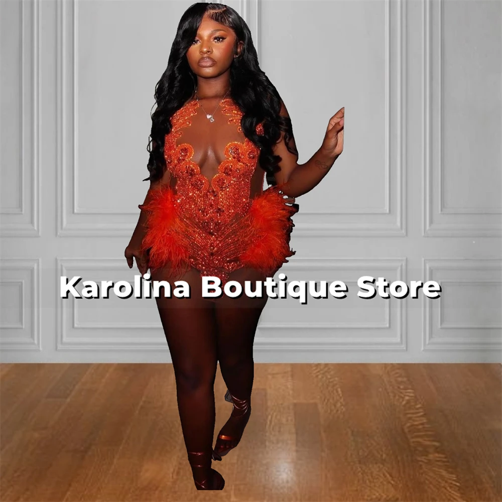 Orange Feathers Mini Cocktail Prom Dresses 2025 For Blackgirls Beaded Crystal Rhinestones Homecoming Baddie Dresses Customized image 2