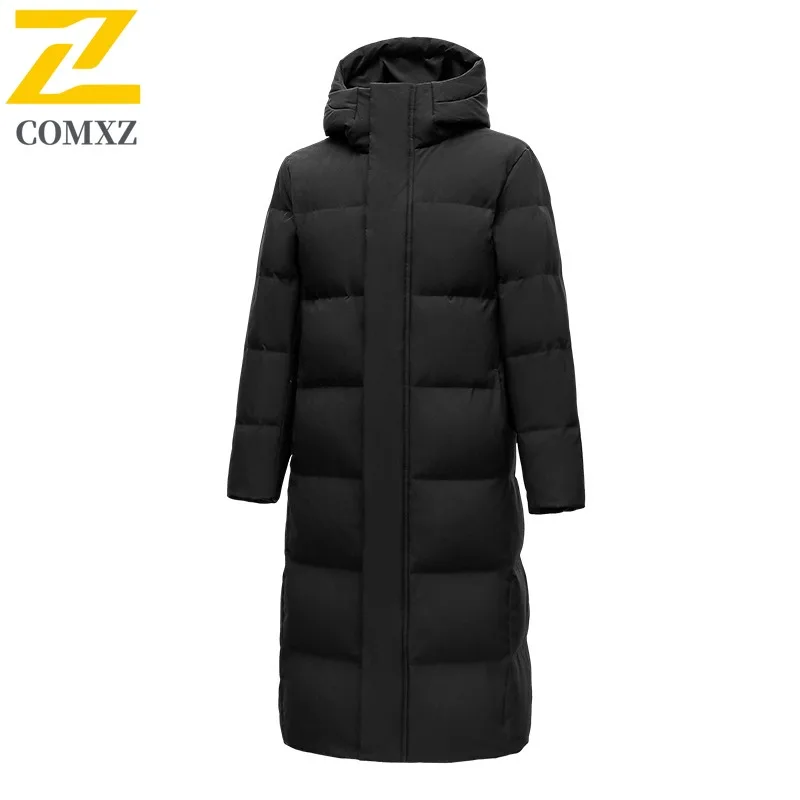 COMXZ 2025 Winter Ski Long Down Jacket Men Trendy Leisure Solid Color White Duck Down Coat Brand Outdoor Warm Lightweight Puffer