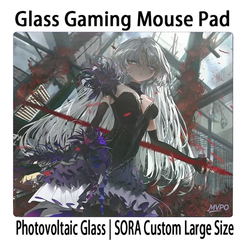 Japan Y2k Red Flame Girl Glass Mousepad Micro Etched Ultra Thin Table Mat Tempered Glass E-sports FPS Glass Mouse Pad Custom