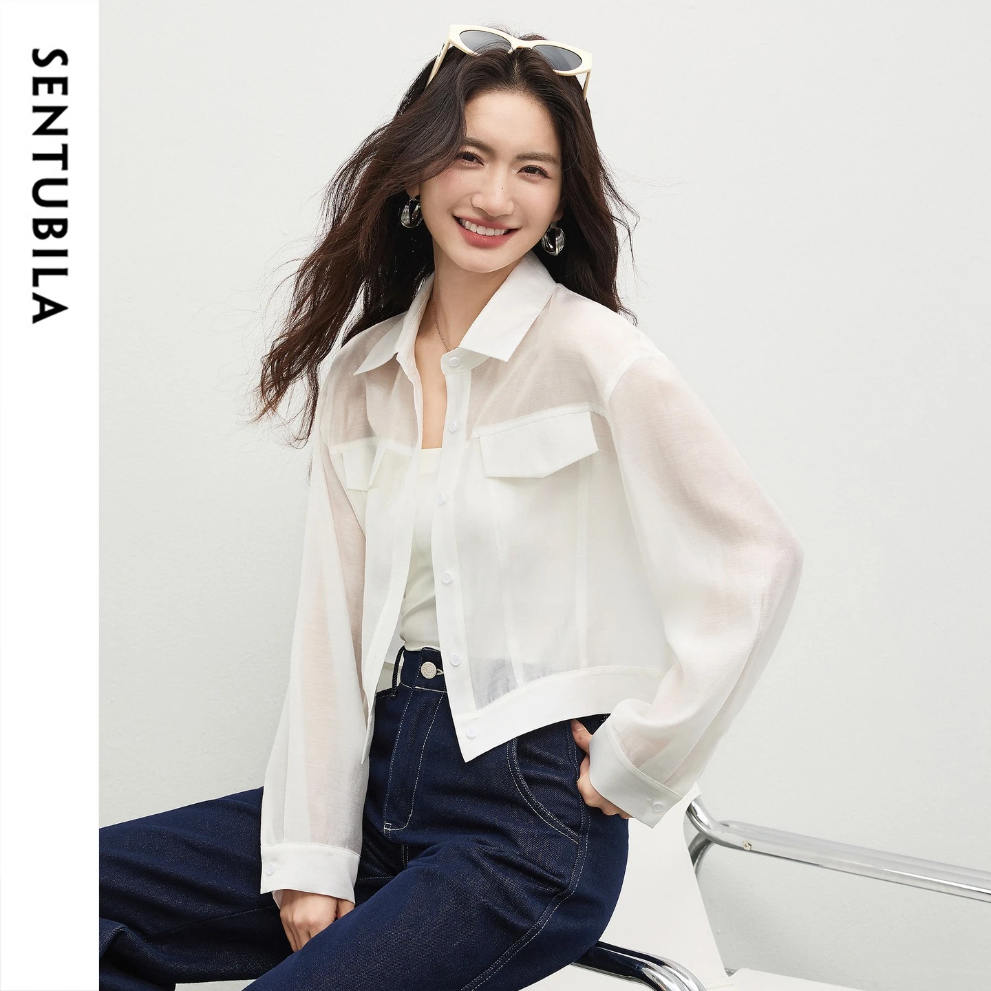 

SENTUBILA Lyocell Shirt Women Sun Protection See-Through Tops 2026 Spring Summer Short Shirt Jacket Woman Shackets Q61WF6012
