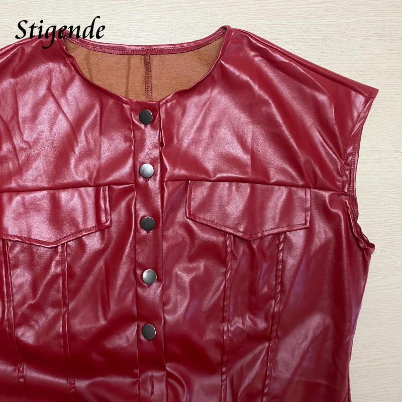 Stigende Women Button Up Wide Leg Pu Jumpsuit Sleeveless Stretch Faux Leather Jumpsuit