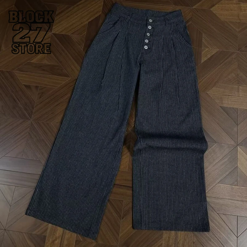 

Мужские джинсы Harajuku, винтажная уличная одежда, свободные мешковатые джинсовые брюки на пуговицах, двойные плиссированные полосатые широкие брюки, перетаскивающие длинные брюки