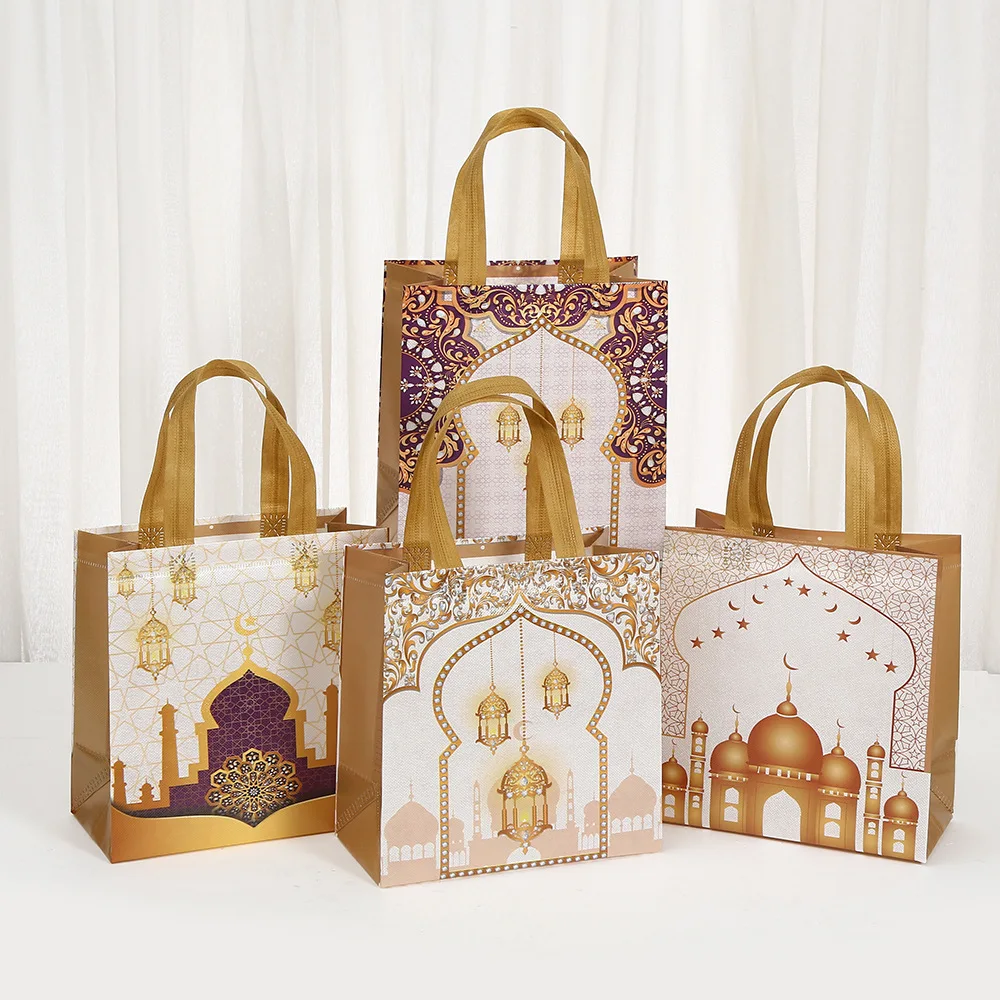 

Eid Al Fitr Gold Themed Gift Bags Moon and Star Patterns Suitable for Islam Muslims Pilgrimage Worship, Parties Non-woven