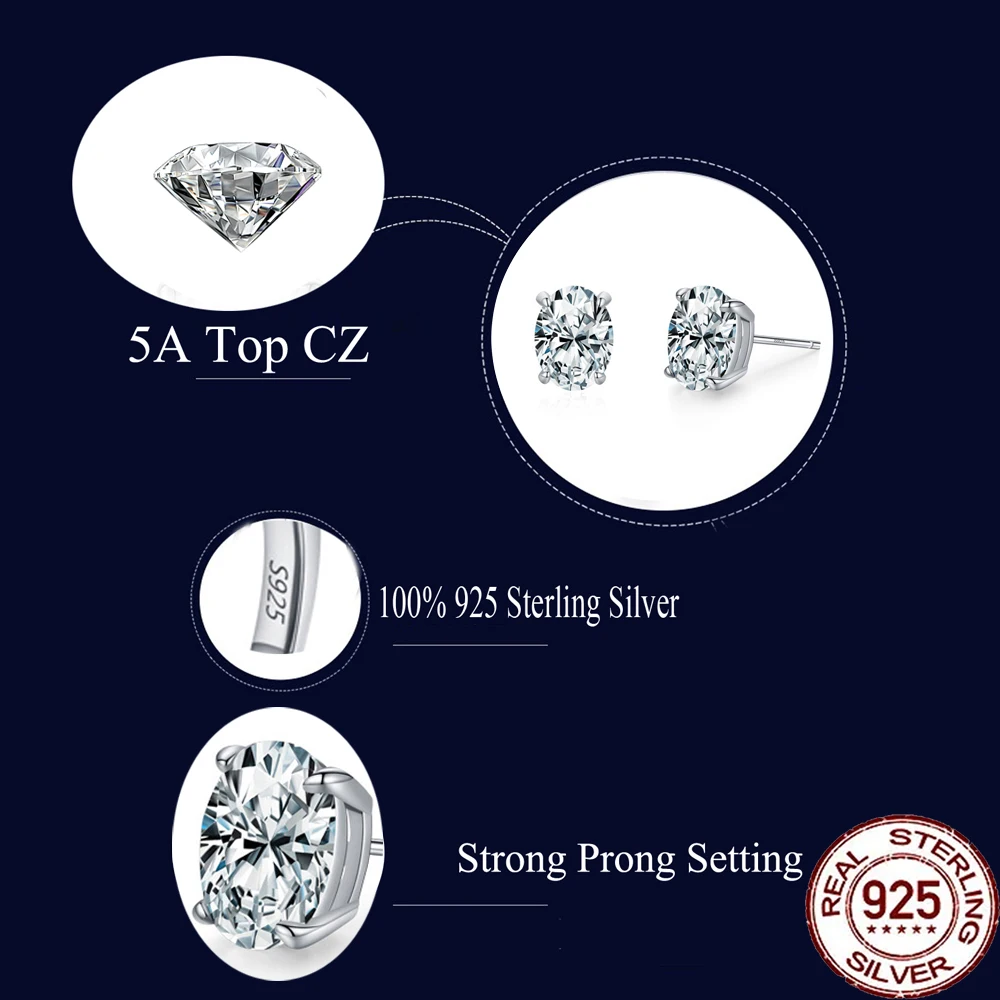 CWWZircons S925 Sterling Silver Brilliant Oval Shaped Cubic Zircon Stud Earring for Women Girl Party Wedding Jewelry Gift SE070
