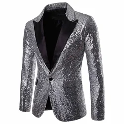 Shiny Sequin Suit Jacket Men's Stage Performance Coat White Silver Blue Red Purple Blazers V-neck Single Button A2590406